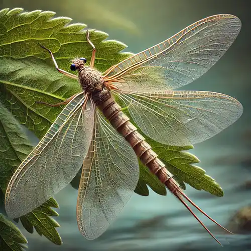 Efímera (Ephemeróptero) sobre una hoja con sus alas transparentes y cuerpo delgado visible.