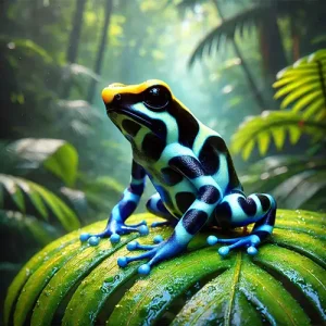 Rana dardo venenosa hiperrealista con colores brillantes azul y amarillo, sentada sobre una hoja en una selva tropical