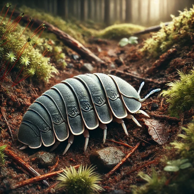 Armadillidium vulgare (bicho bola) arrastrándose en el suelo del bosque