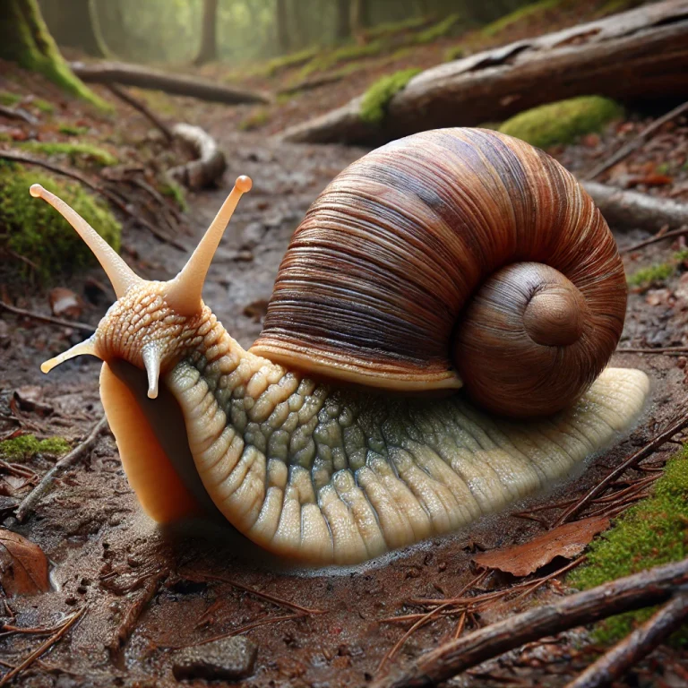 Caracol arrastrándose en un suelo húmedo del bosque