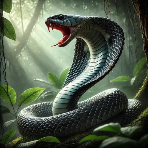 Cobra real con capucha expandida y colmillos visibles en selva tropical.