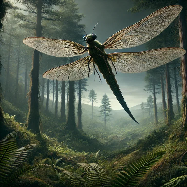 Meganeura, libélula gigante extinta, volando sobre un bosque prehistórico