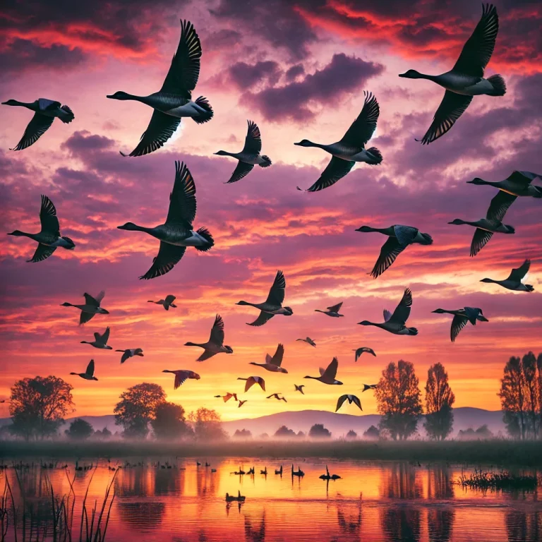 Patos migratorios en pleno vuelo al atardecer, formando una fila sobre un lago reflejante con árboles en el horizonte y un cielo colorido en tonos de naranja, rosa y púrpura.