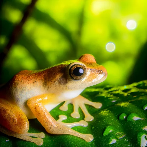 Rana coquí sobre una hoja verde en un bosque tropical, mostrando su piel húmeda y ojos brillantes