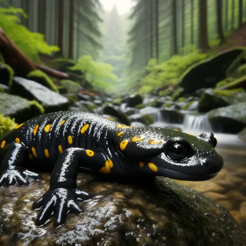 Salamandra descansando sobre una roca húmeda en un bosque