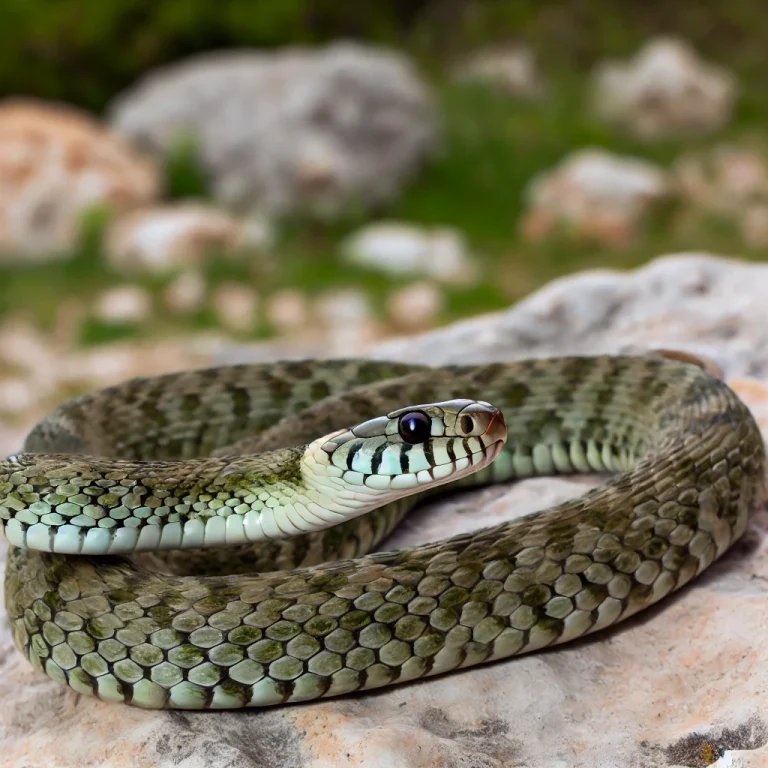 Serpiente enrollada en una roca en un entorno natural.