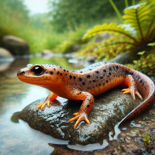 Tritón descansando sobre una roca húmeda cerca del agua