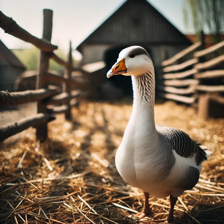 Ganso blanco y gris en un corral de granja con paja y cerca de madera.