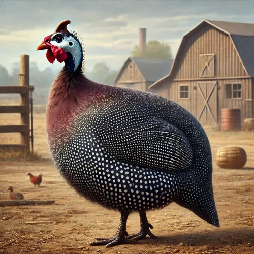 Guinea Fowl en granja rural, con plumaje oscuro y manchas blancas junto a una cerca de madera.