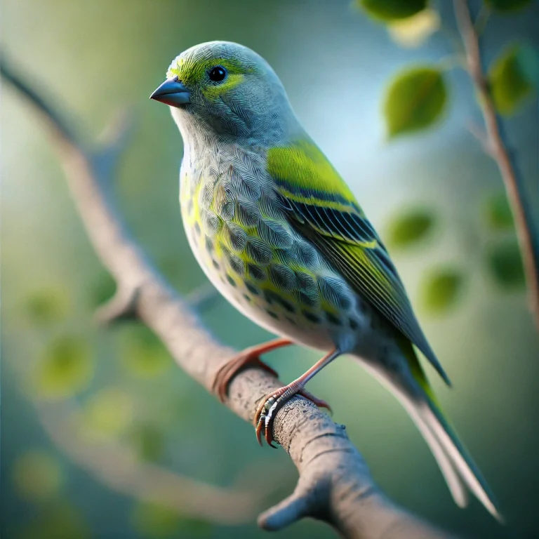 Canario con plumaje verde y gris posado en una rama, con fondo de vegetación.