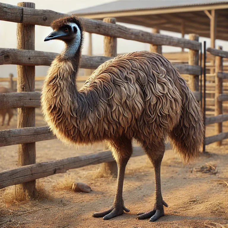 Emú en un corral de granja, con patas bien definidas y plumaje marrón grisáceo, cerca de una cerca de madera.