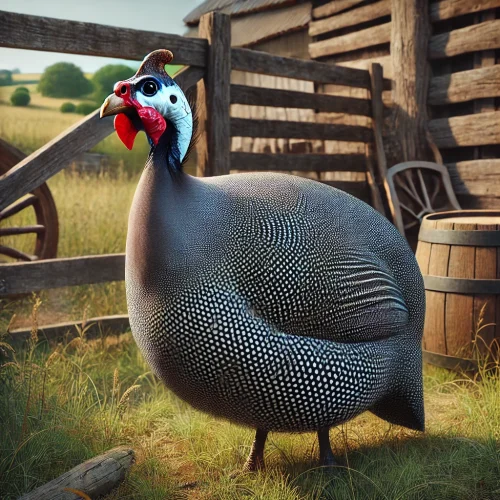 Gallina de Guinea en un entorno de granja, con plumaje moteado en blanco y negro, cabeza roja y azul, y cuerpo redondeado.