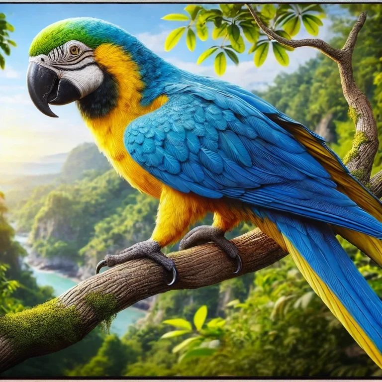 Loro guacamayo grande posado en una rama, con plumaje azul, amarillo y verde, mostrando detalles en sus patas.