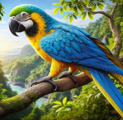 Loro guacamayo grande posado en una rama, con plumaje azul, amarillo y verde, mostrando detalles en sus patas.