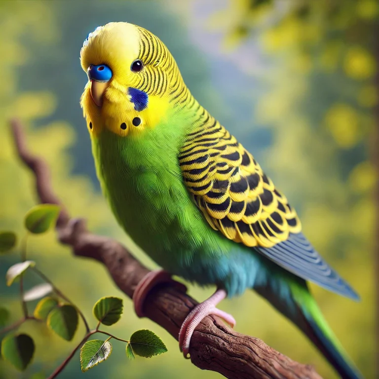 Periquito verde y amarillo posado en una rama, con plumaje vibrante y fondo de naturaleza.