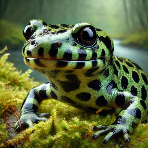 Tritón jaspeado (Triturus marmoratus) , mostrando su piel con patrón verde y negro sobre musgo en un bosque húmedo