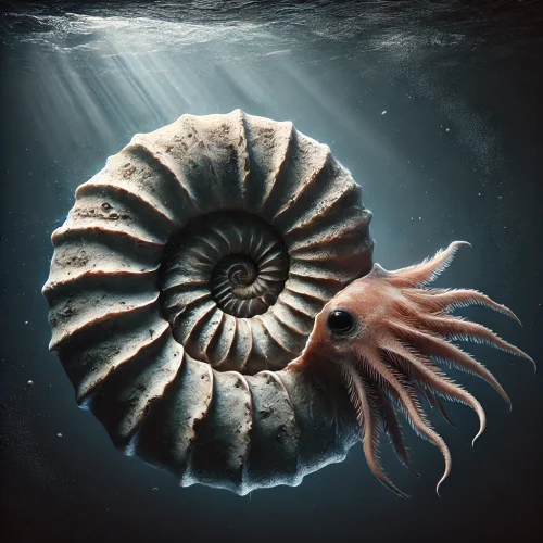 Ammonite en un entorno submarino con su concha espiral detallada y tentáculos emergiendo suavemente