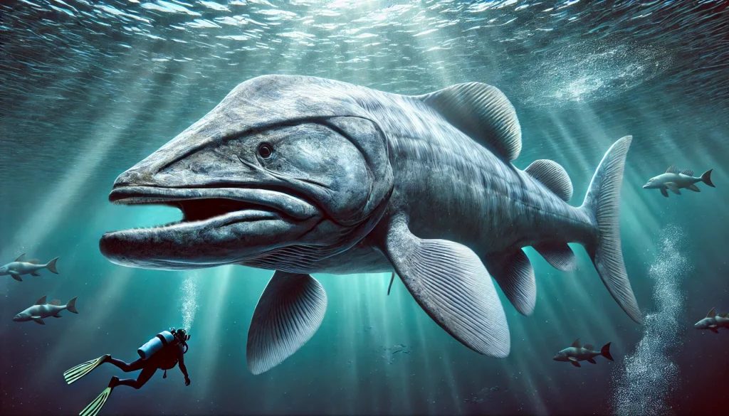 Leedsichthys, un pez gigante del Jurásico, nadando en aguas profundas con su enorme boca adaptada a la filtración