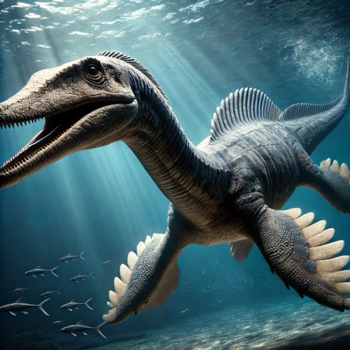 Plesiosaurio realista nadando en un océano prehistórico, con piel escamosa detallada y luz filtrándose en aguas.