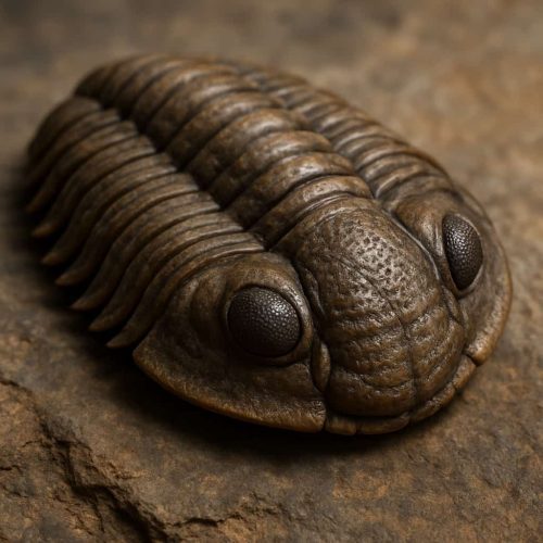 Trilobite Trilobite fósil con su exoesqueleto segmentado y ojos compuestos sobre una roca.